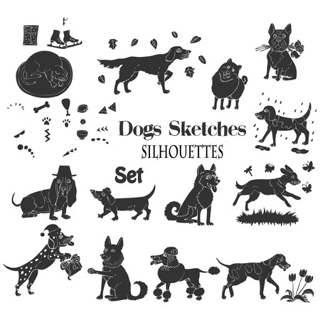 Funny dogs silhouettes sketches. Hand drawn animals vector illustration.のイラスト素材