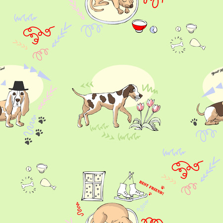 Seamless Pattern with Dogs. Hand drawn  animals sketches. Vector Illustrationのイラスト素材