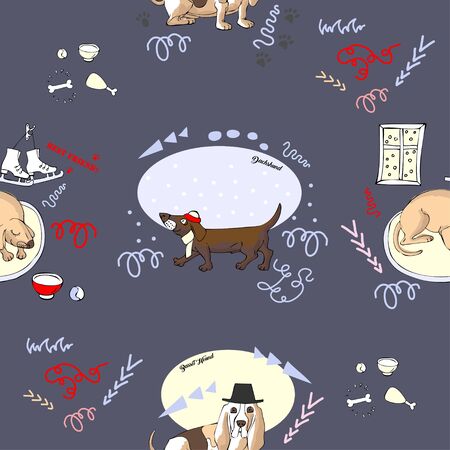 Seamless Pattern with Dogs. Hand drawn  animals sketches. Vector Illustrationのイラスト素材
