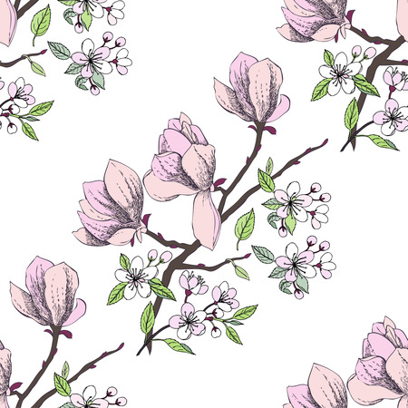 Seamless pattern with magnolia and apple tree. Hand drawn sakura spring flowers. Vector illustration.のイラスト素材