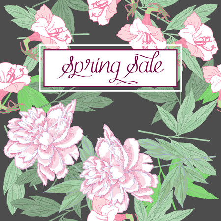 Spring sale background with pink flower designs on black backdropのイラスト素材