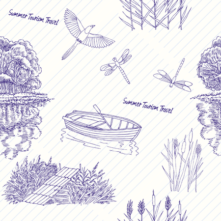 Seamless pattern with  with boat and treesのイラスト素材