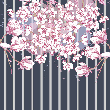 Background with sakura and magnolia. Hand drawn spring blossom trees. Vector illustration with cherry blossoms.のイラスト素材