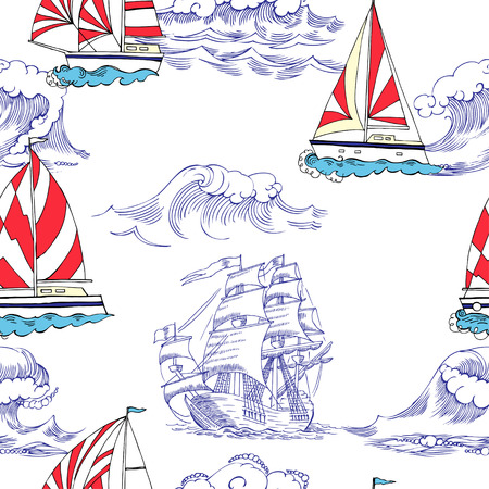 Nautical seamless pattern with sailing vesselsand and seaのイラスト素材
