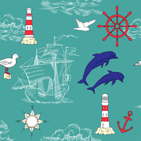 Nautical seamless pattern with sailing vesselsand and seaのイラスト素材
