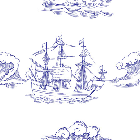 Nautical seamless pattern with sailing vesselsand and seaのイラスト素材