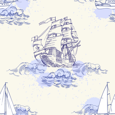 Nautical seamless pattern with sailing vesselsand and sea. Hand drawn elements for summer holidays.Travel, marin and ocean. Vector Illustrationのイラスト素材