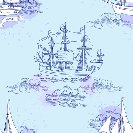 Nautical seamless pattern with sailing vesselsand and seaのイラスト素材