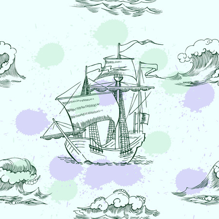 Nautical seamless pattern with sailing vessels and and sea. Hand drawn elements for summer holidays.のイラスト素材