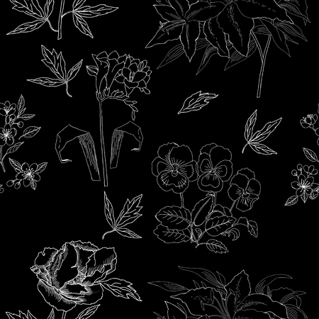 Seamless Pattern with Flowers Sketches. Hand drawn botanical elのイラスト素材