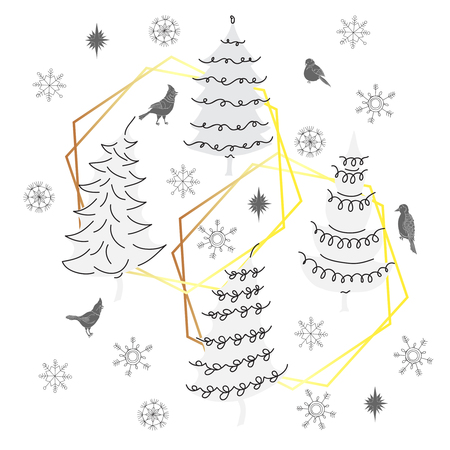 Christmas  Seamless Pattern with Birds, Christmas Trees and Snowのイラスト素材