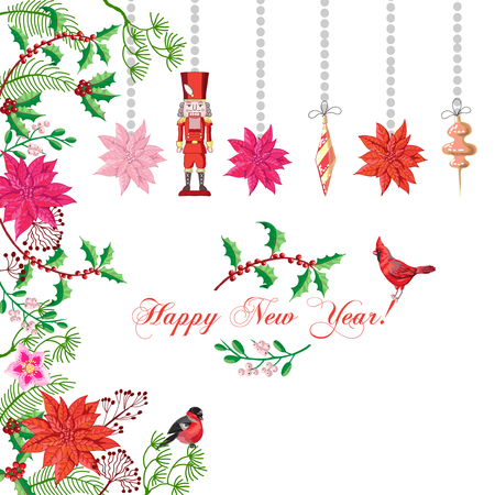 Christmas Background with Poinsettia, Plants and Toysのイラスト素材