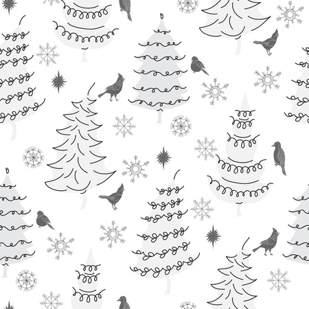 Christmas  Seamless Pattern with Birds, Christmas Trees and Snowのイラスト素材