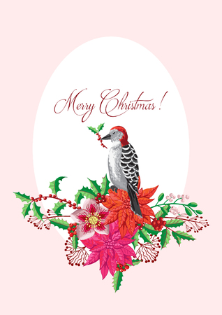 Christmas Poster with Bird and Poinsettia. Hand drawn sketches. Vector Illustrationのイラスト素材