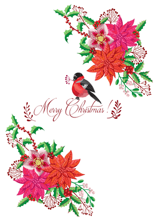 Christmas Poster with Bird and Poinsettia. Hand drawn sketches. Vector Illustrationのイラスト素材