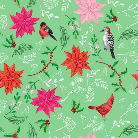 Seamless Pattern Christmas Decoration with Bird and Poinsettia. Hand drawn sketches. Vector Illustrationのイラスト素材