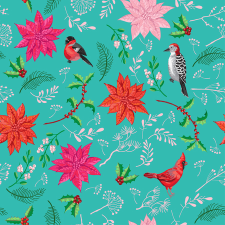 Seamless Pattern Christmas Decoration with Bird and Poinsettia. Hand drawn sketches. Vector Illustrationのイラスト素材