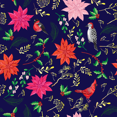 Seamless Pattern Christmas Decoration with Bird and Poinsettia. Hand drawn sketches. Vector Illustrationのイラスト素材