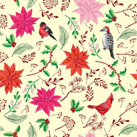 Seamless Pattern Christmas Decoration with Bird and Poinsettia. Hand drawn sketches. Vector Illustrationのイラスト素材