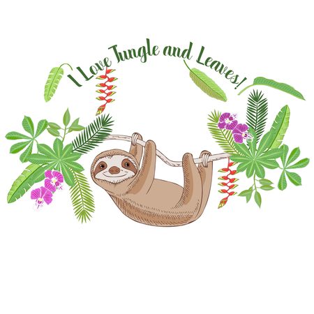 Sloth in Jungle. Animal and Plants sketches. Hand Drawn Background. Vector Illustrationのイラスト素材