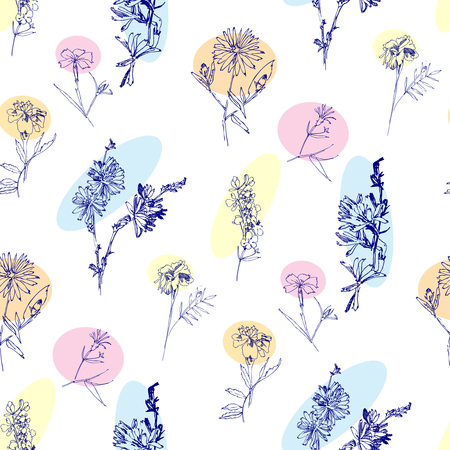 Seamless pattern with Wild Flowers with Summer Botanical Sketchesのイラスト素材