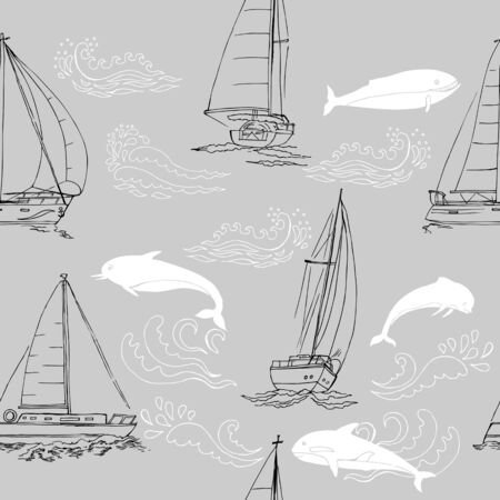 Nautica seamless pattern with ships, yachts, sea animals, dolphin and sea knots.のイラスト素材