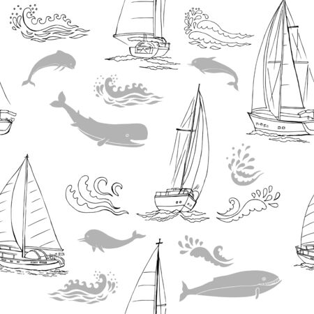 Nautica seamless pattern with ships, yachts, sea animals, dolphin and sea knots.のイラスト素材