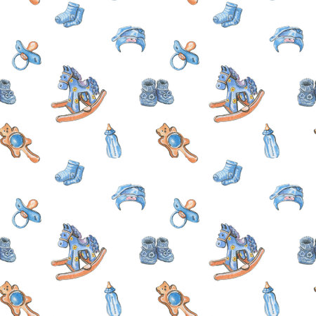 watercolor pattern on a white background set of objects for a newborn boyの写真素材