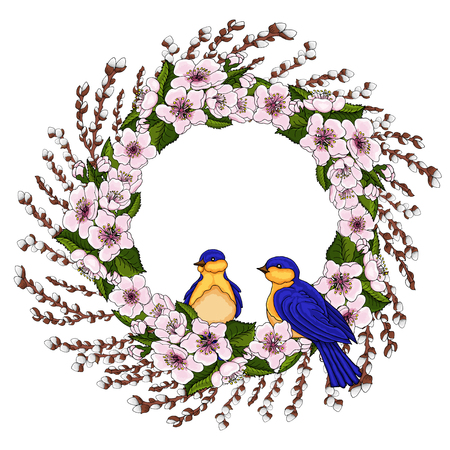 Red willow branches with spring birds. Natural round frame for text. Symbol of spring and Easter.のイラスト素材