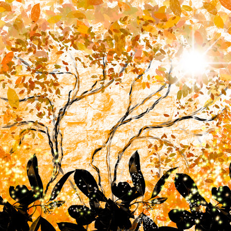Illustration, nature, floral theme, autumn mood, fantasy landscape.Can be used as a background texture.の写真素材