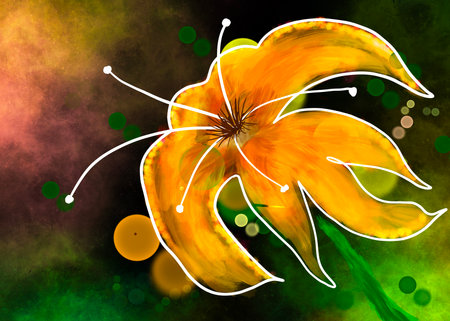 Floral decoration. Orange flower on an olive background. Artistic drawing.の写真素材