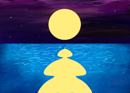 Illustration, landscape, moon track, sunset on the sea, ocean of dreams.の写真素材