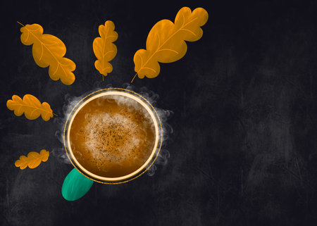 Illustration, cup of hot coffee, yellow crimson leaves, autumn mood.の写真素材