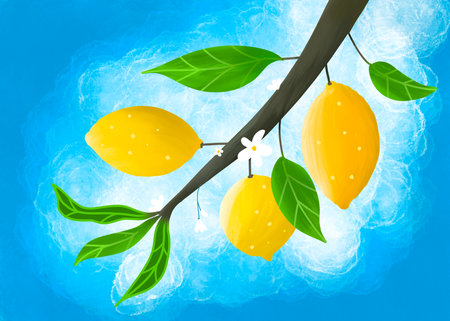 Fruit illustration, lemons on a branch, summer theme, bright colors, still life, art drawing.の写真素材