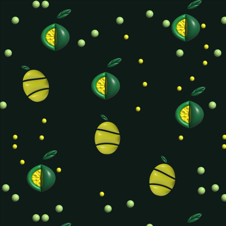 3d illustration with blowing effect. Pattern on a dark background. Fruit theme, images of limes and lemons. Bright colors, cheerful mood.の写真素材