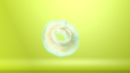 Creative 3D bagel model in neon shades, bright lime green and hot yellow colors.の写真素材