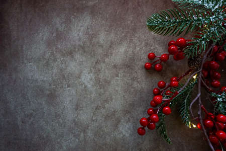 Christmas background with fir tree and decor. Top view with free space. Noel banner for website.