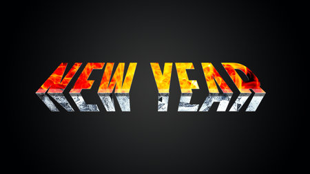 new year fire ice bend letter black backgroundの写真素材