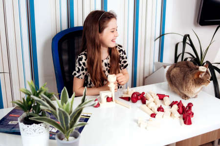 A cheerful teenage girl plays board games with a cat at home.の写真素材