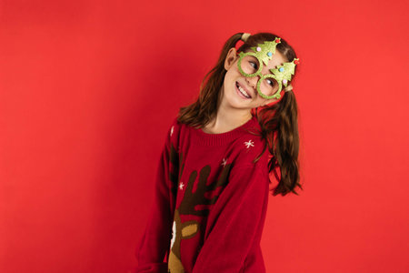 cute little girl with a cute facial expression posing in a Christmas sweater on a bright red...