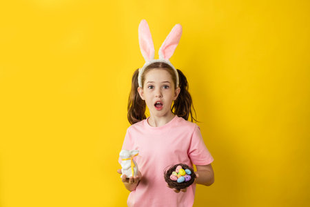 Cute surprised teenage girl on a yellow background in a rabbit costume holds in her hands an Easter nest with eggs and a rabbit toy.の写真素材