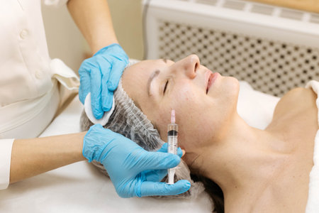 Cosmetologist giving injections of mesotherapy, biorevitalization in the face of the patient, close-upの写真素材