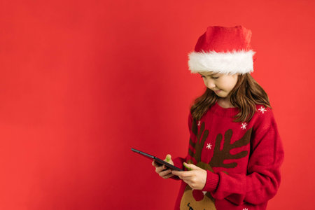 Teenage girl in new year sweater and santa hat holding smartphone and looking at screen, red background, copy space.の写真素材