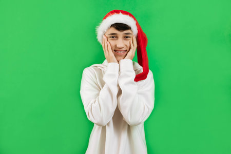 Portrait of funny young man in santa hat on green background, holding hands to face and looking at...