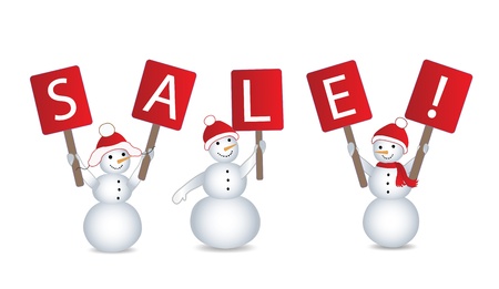 snowmans with billboards and inscription "SALE" on them のイラスト素材