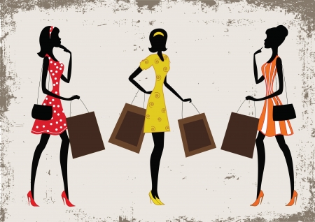 Silhouettes of a women shopping, vintage style のイラスト素材