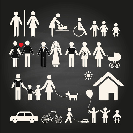 Set of family icons on a chalkboard background. Set of family icons and signs for public places on a chalkboard background. Vector illustration.のイラスト素材