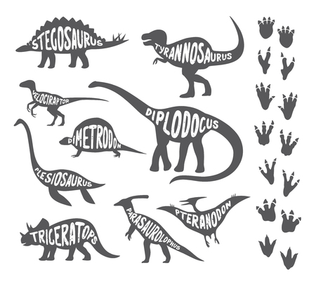 Set with various kinds of painted dinosaurs and footprintsのイラスト素材
