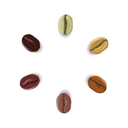 Realistic coffee beans of different colors placed in circle withの写真素材