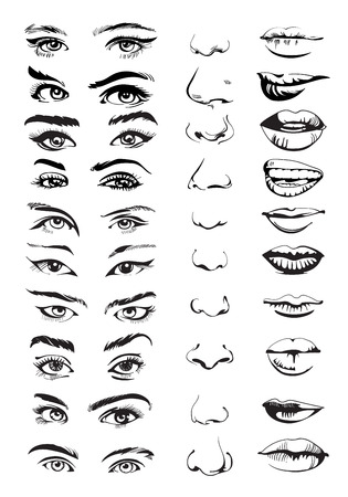 Face constructor with different face parts: eyes, lips and noses. Hand drawn set. Vector illustrationのイラスト素材